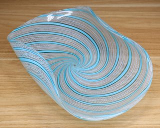 Venetian Murano Latticino Art Glass Bowl Blue Swirl Spiral