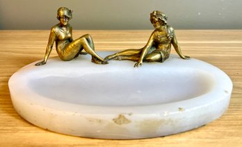 Art Deco Bronze Women Sitting On Onyx Marble Base Dresser Dish Ashtray