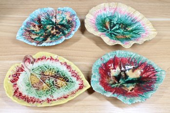 Set Of (4) Vintage Etruscan Majolica Leaf-Shaped Bowls Glazed Ceramic