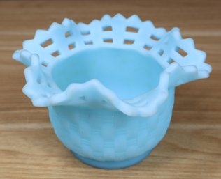 Fenton Blue Satin Basket Weave Bowl