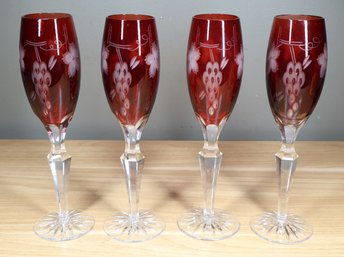 Set Of (4) Red Czechoslovakian Cut Crystal Wine Glasses