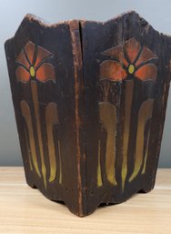 Antique Handmade Wooden Wastepaper Basket Trash Bin Can Hand-carved Floral Flower Design Hand-painted