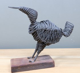 Folk Art Wire Bird Sculpture On Platform