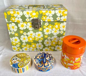 Vintage 1960s MCM Flower Power Orange Yellow Tin File Box, Canister & Cardboard MCM Puzzle Boxes