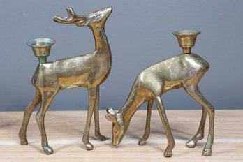 Pair (2) Of Vintage Brass Deer Candlestick Holders