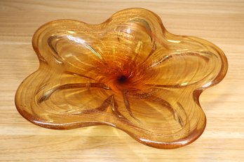 Murano Yellow Art Glass Flower Bowl With Gold Flecks Swirl