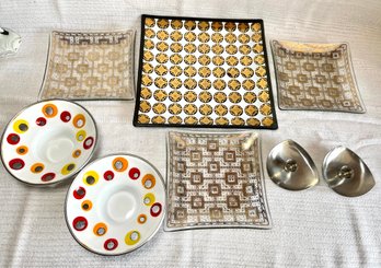 Lot Danish Denmark Stainless Candlesticks, Enamelware & Glass Plates, Dishes, Trivets MCM