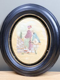 Antique Framed Hand Embroidered Silk Scene With Man And Woman Oval