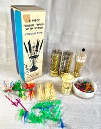 Vintage 6 Piece Fondue St, Short Straws, Cocktail Forks, Plastic Drink Hangers