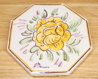 Signed Italian Faience Glazed Pottery Tile Trivet Yellow Flower