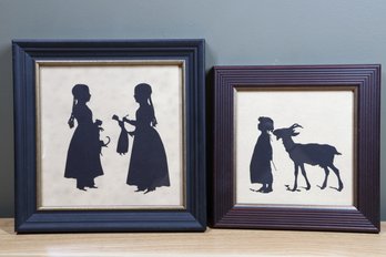 Set Of (2) Framed Cut Silhouette Scenes Girls With Toys And Goat Eating Pigtails Rustic Farmhouse Decor