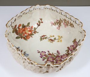 Antique 1889 Royal Worcester Console Bowl Fruit Bowl Pierced Rim Hand Painted Leaf Embossed Basket Weave 1004