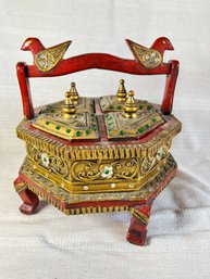 Vintage 6 Sided Gold Gilt Wood Lacquer Box Red & Gold Twin Birds Royalty Jewelry Box