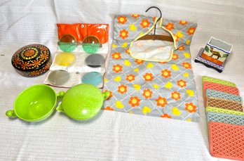 Vintage MCM 1960s 70s Lot Sunglasses USSR Enamel Box, Melmac Color Flyte Creamer & Sugar