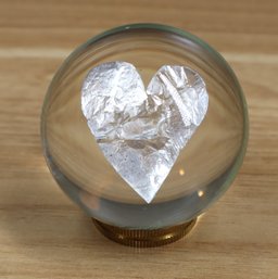 Signed Art Glass Sphere With Metal Heart And Stand