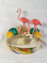 Vintage MCM Ceramic Flamingo Figure With Natural Shells & Coral