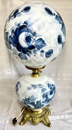 Vintage Blue & White 2 Piece Gone With The Wind Parlor Painted Globe Lamp