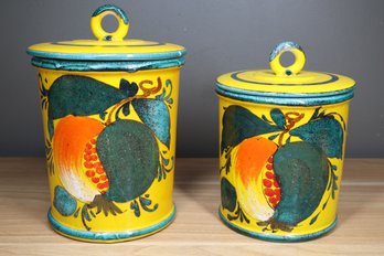 Pair Of Signed Italian Majolica Art Pottery Canisters Jars