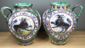 Pair Of Antique Italian Majolica Art PotteryJugs