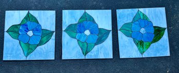 Lot 3 Stained Glass Flower Windows, Wall Hangings Or Panels