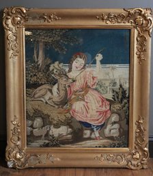 Signed Large Covered Framed Needlepoint Girl With Antelope