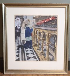 Framed Watercolor (?) Painting Girl Praying In Church Votive Offering