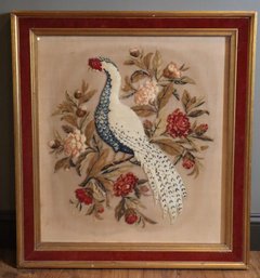 Large Covered Framed Needlepoint Bird On Flowers