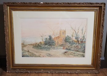 Signed G.H. Flaville Watercolor Painting Church Scene