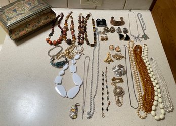 LOT JEWELRY AND METAL BOX