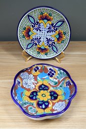 Hand Painted Scalloped Bowl And Plate Pottery Made In Mexico