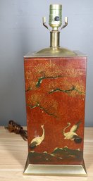 Brass And Hand-painted Wooden Square Table Lamp Asian Vintage