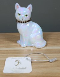 Fenton Opalescent Calendar Cat Art Glass Signed S Allman W/ Original Sticker Rhinestone Collar