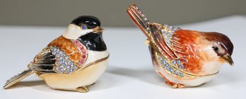 Pair Of Sparrow Bejeweled Enamel Trinket Boxes