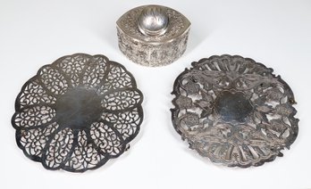 (3) Silver Plate Items - Trivets And Tea Caddy