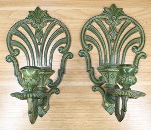 Pair Of Green Painted Cast Metal Candle Wall Sconces