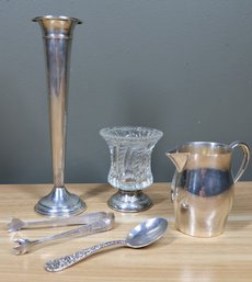 Sterling Silver Lot Of Weighted Trumpet, Lead Crystal Candle Holder, Spoon, Reed & Barton Pitcher, And Tongs