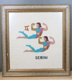 Vintage Framed Gemini Needlepoint Zodiac