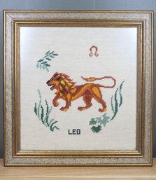 Vintage Framed Leo Needlepoint Zodiac