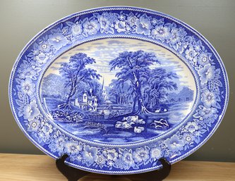 Vintage 'Rural England' Ironstone Transferware Blue And White Oval Serving Platter By W. R. Midwinter LTD