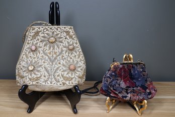 Lot Of (2) Vintage Handbags Bejeweled Beaded Silk Cottage Emporium Hand Made Acra India Velvet HL Harry Levine