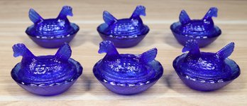 Set Of (6) Vintage Cobalt Blue Art Glass Mini Chicken Hen On A Nest Salt Cellar Dip