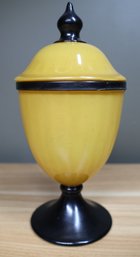 Vintage Hand-painted Yellow And Black Footed Glass Urn