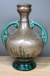 Large Vintage Amphora European 2-Handle Footed Ceramic Vase Green Bronze Color