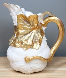 Antique Royal Worcester Porcelain Water Pitcher Gold-colored Leaves Design Textured