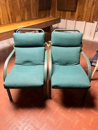 PAIR OUTDOOR CHAIRS  CUSHIONS