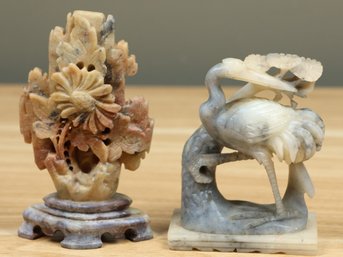 Set Of (2) Vintage Chinese Carved Soapstone Figurines Carving Stork Bird And Flower