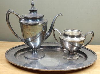 Vintage Set Of (3) Pieces Silver-plated Tea Set Platter Teapot And Sugar Bowl