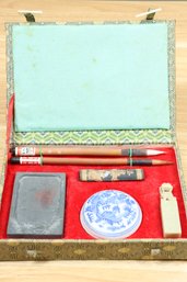 Vintage Chinese Calligraphy Set In Elegant Box Brushes Ink Stamp