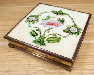 Tile Trivet Brass Stand Floral Art Pottery