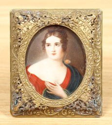 Antique Victorian Miniature Portrait Of Pauline Bonaparte Ornate Brass Frame / Stand Signed Napoleon